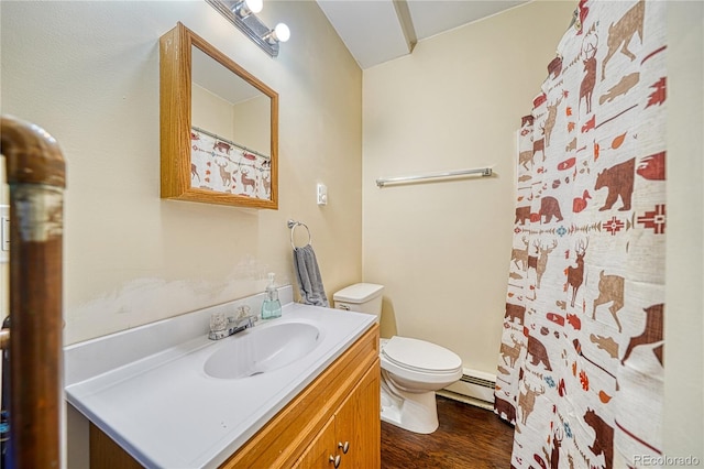 18766 State Highway 67, Divide, CO 80814 - bathroom with baseboard heating, vanity, toilet, wood finished floors, and curtained shower
