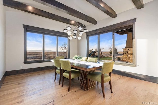 3947 Taliesin Way, Fort Collins, CO 80524 - dining space with hardwood / wood-style floors, beam ceiling, baseboards, and a chandelier