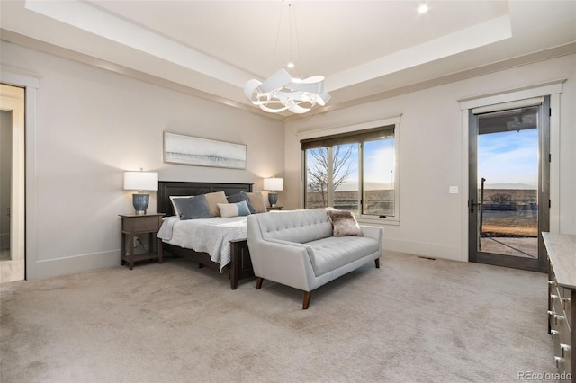 3947 Taliesin Way, Fort Collins, CO 80524 - bedroom featuring a tray ceiling, baseboards, light colored carpet, and a notable chandelier