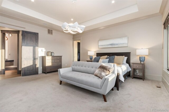 3947 Taliesin Way, Fort Collins, CO 80524 - bedroom featuring visible vents, light colored carpet, and a raised ceiling