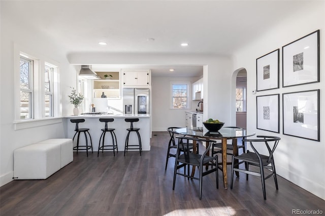 dining space with sink and dark hardwood / wood-style flooring