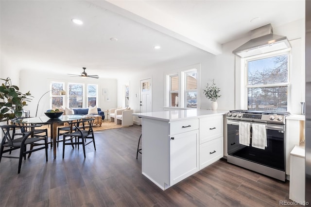 kitchen with stainless steel stove, kitchen peninsula, dark hardwood / wood-style flooring, and white cabinetry