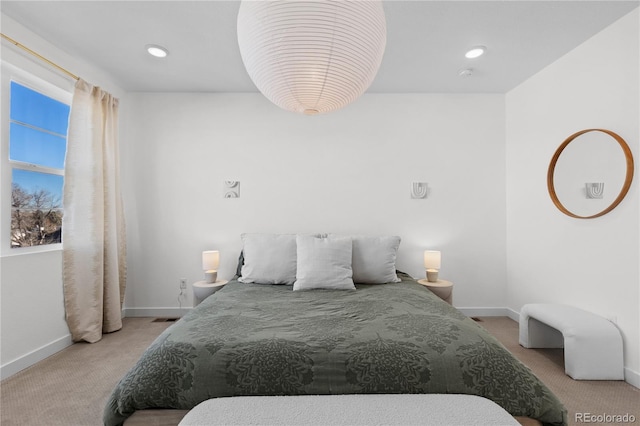 carpeted bedroom featuring visible vents, recessed lighting, and baseboards