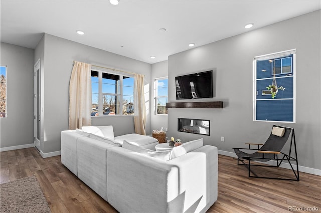 living area featuring a glass covered fireplace, recessed lighting, baseboards, and wood finished floors