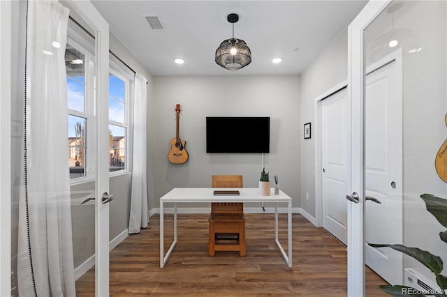 office space with visible vents, wood finished floors, recessed lighting, french doors, and baseboards