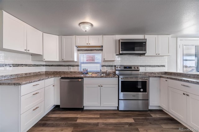 530 Illinois St, Penrose, CO 81240 - kitchen featuring white cabinetry, appliances with stainless steel finishes, and dark hardwood / wood-style floors