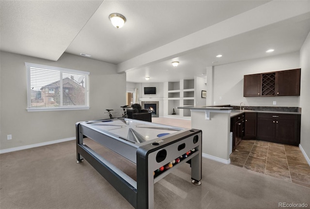 1053 Crystal Basin Dr, Colorado Springs, CO 80921 - rec room featuring carpet, wet bar, a fireplace, and recessed lighting