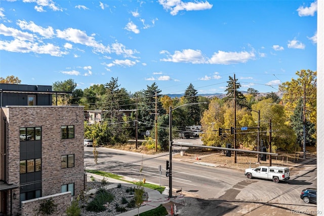 view of street with sidewalks, traffic lights, street lights, and curbs