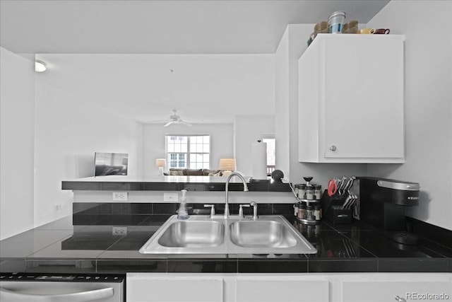 kitchen featuring sink, stainless steel dishwasher, white cabinets, and ceiling fan