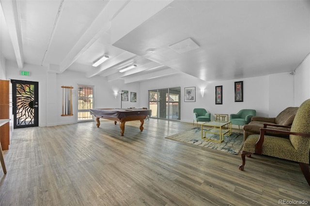 1255 N Ogden St Unit 406, Denver, CO 80218 - playroom featuring billiards table, wood finished floors, and beamed ceiling