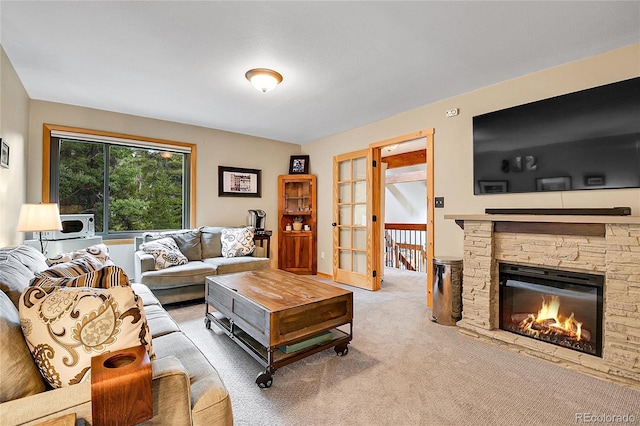 31112 Shadow Mountain Dr, Conifer, CO 80433 - carpeted living room featuring a stone fireplace