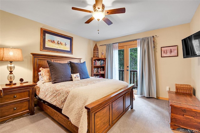 31112 Shadow Mountain Dr, Conifer, CO 80433 - bedroom featuring access to exterior, light colored carpet, and a ceiling fan