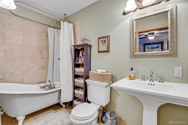 31112 Shadow Mountain Dr, Conifer, CO 80433 - full bathroom featuring tile patterned flooring, shower / tub combo with curtain, and ceiling fan