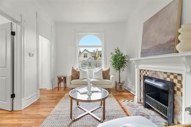 living room featuring light wood-type flooring and a fireplace