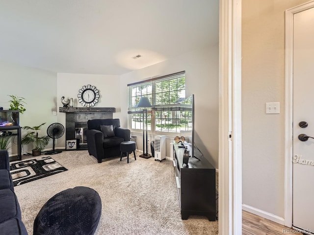 4121 W 111th Cir, Westminster, CO 80031 - carpeted living area with a tiled fireplace and baseboards
