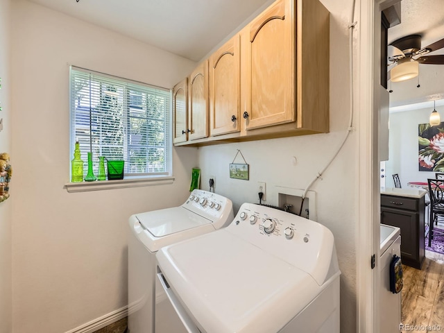 4121 W 111th Cir, Westminster, CO 80031 - washroom with washer and clothes dryer, cabinet space, ceiling fan, and light wood finished floors