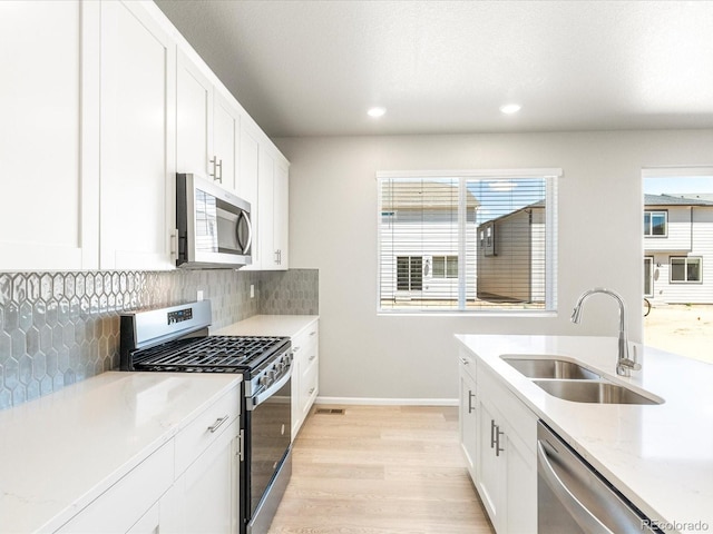 kitchen with stainless steel appliances, backsplash, white cabinets, and sink