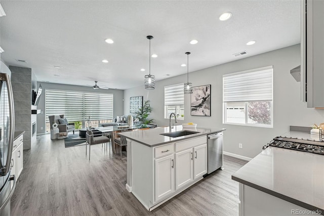 1592 Maggie Mae Ln, Castle Rock, CO 80104 - kitchen with stainless steel dishwasher, a sink, recessed lighting, light wood-style floors, and white cabinets