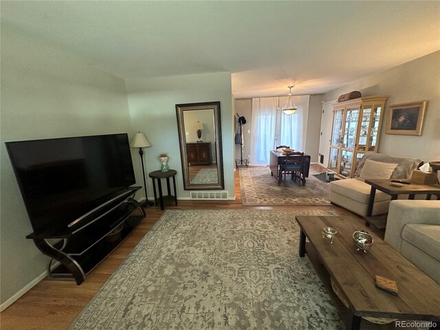 living room with dark hardwood / wood-style flooring