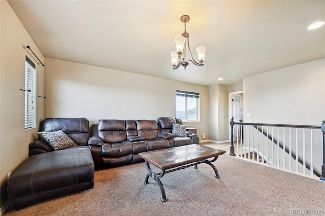 12766 Sunlight Peak Pl, Peyton, CO 80831 - living area featuring a chandelier, carpet floors, recessed lighting, and baseboards