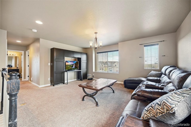 12766 Sunlight Peak Pl, Peyton, CO 80831 - living area featuring a chandelier, light carpet, baseboards, and recessed lighting