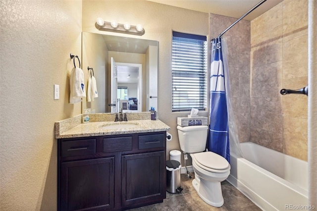 12766 Sunlight Peak Pl, Peyton, CO 80831 - full bath featuring a textured wall, toilet, vanity, shower / bath combo, and baseboards