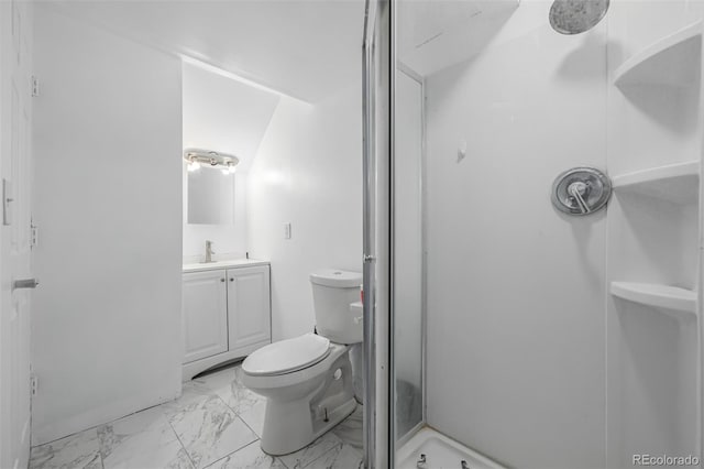 bathroom with vanity, toilet, and a shower