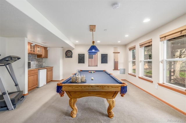 5048 Rocky Mountain Dr, Castle Rock, CO 80109 - game room with light carpet, wet bar, baseboards, billiards table, and recessed lighting