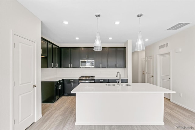 13342 E 110th Way, Commerce City, CO 80022 - kitchen featuring a sink, stainless steel appliances, a center island with sink, light wood-type flooring, and backsplash