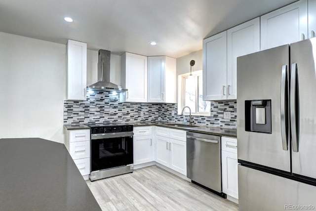 kitchen featuring a sink, tasteful backsplash, dark countertops, appliances with stainless steel finishes, and wall chimney exhaust hood