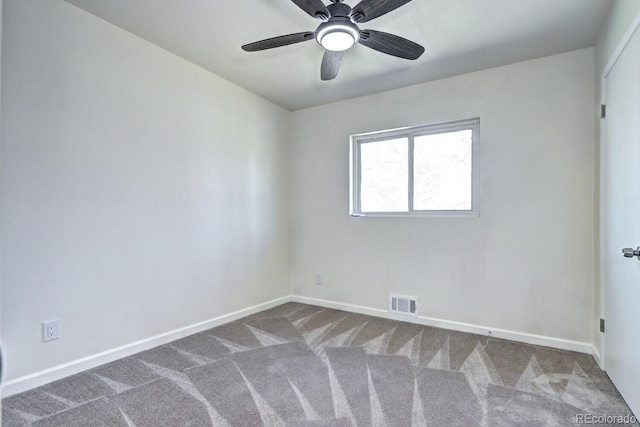 carpeted empty room with visible vents, a ceiling fan, and baseboards