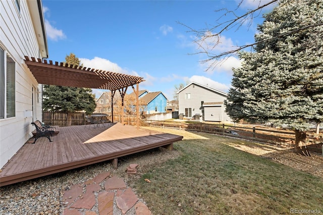 view of yard featuring a pergola and a wooden deck