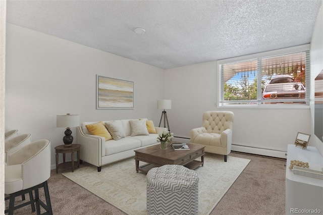 2707 Valmont Rd Unit 106, Boulder, CO 80304 - carpeted living room featuring a baseboard heating unit and a textured ceiling