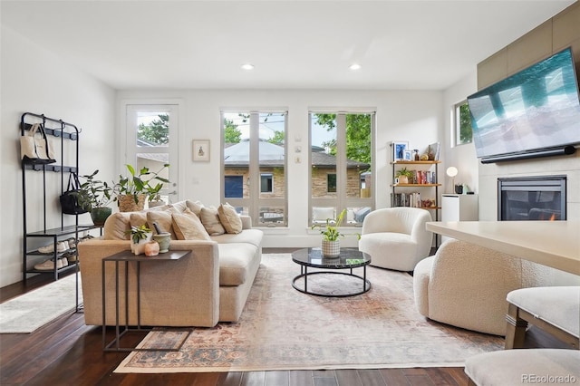 1511 S Pennsylvania St, Denver, CO 80210 - living area featuring dark wood-type flooring, plenty of natural light, a large fireplace, and recessed lighting