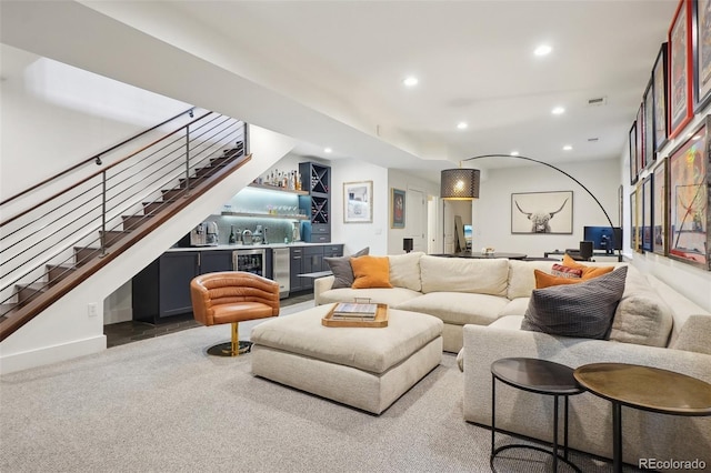 1511 S Pennsylvania St, Denver, CO 80210 - living room featuring bar with sink, wine cooler, recessed lighting, and stairway