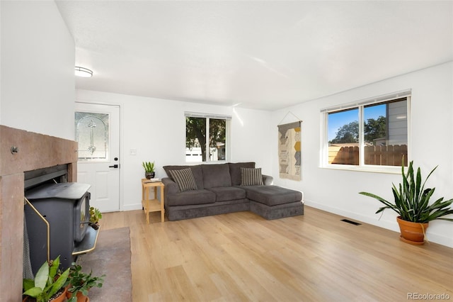 living room with light hardwood / wood-style flooring, a wood stove, and a wealth of natural light