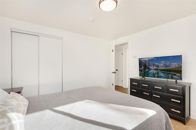 bedroom featuring light wood-type flooring and a closet