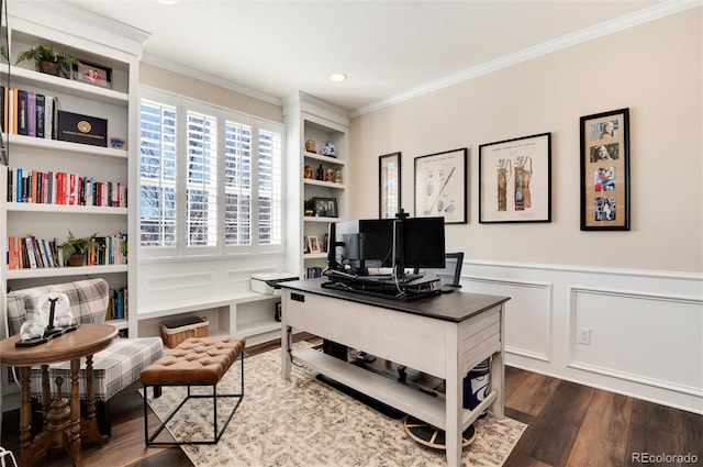 office space featuring built in features, ornamental molding, and dark hardwood / wood-style floors