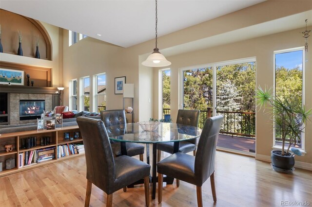 dining area with a tiled fireplace, light wood-type flooring, and a wealth of natural light