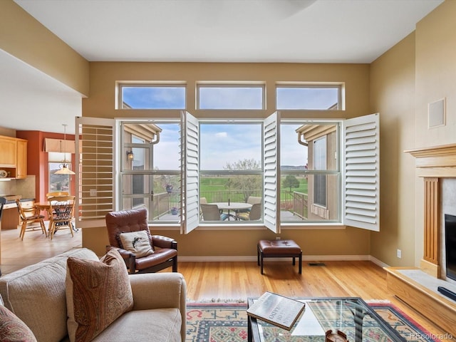 living room with baseboards, plenty of natural light, wood finished floors, and a fireplace