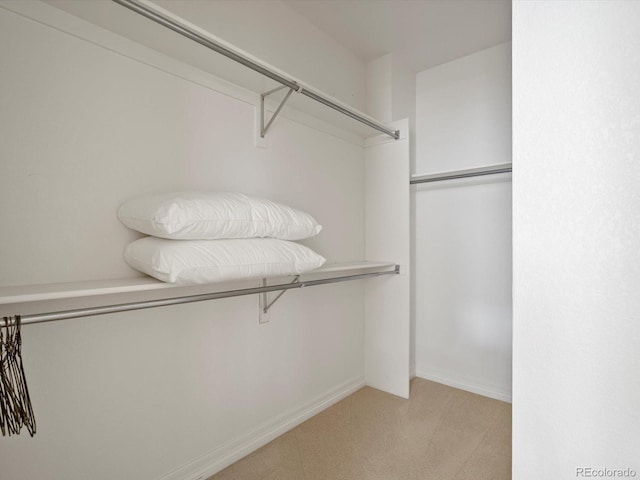 walk in closet featuring light carpet