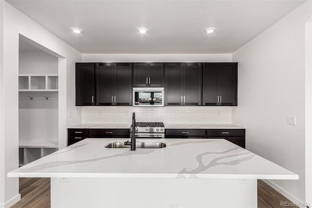 2651 E 102nd Pl, Thornton, CO 80229 - kitchen featuring stainless steel appliances, dark cabinets, decorative backsplash, wood finished floors, and recessed lighting
