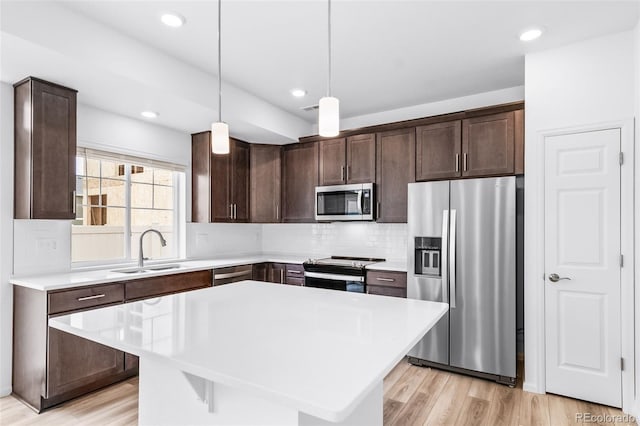 kitchen featuring backsplash, dark brown cabinetry, light wood-type flooring, appliances with stainless steel finishes, and a sink