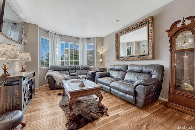 living room featuring light wood-type flooring and a textured ceiling