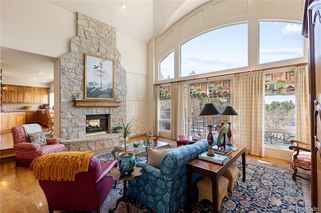 living area with a stone fireplace, light wood-style floors, and high vaulted ceiling