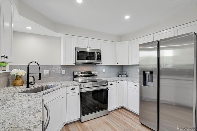 kitchen with stainless steel appliances, a sink, white cabinets, light wood-style floors, and backsplash
