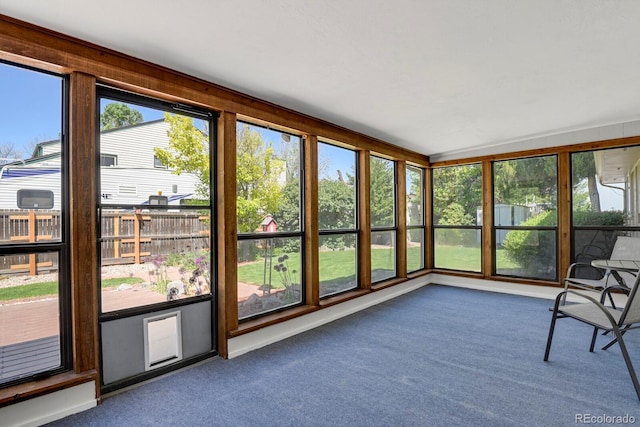 unfurnished sunroom featuring plenty of natural light and carpet floors