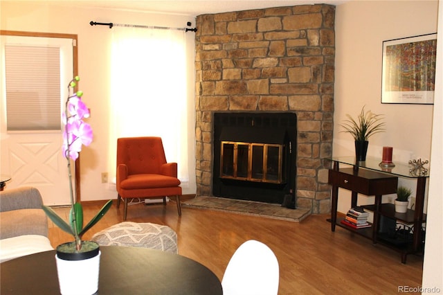 living room featuring wood finished floors and a fireplace