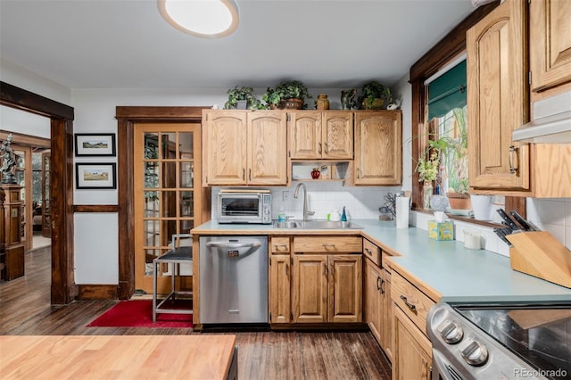 1521 Pontiac St, Denver, CO 80220 - kitchen with dark wood-style floors, light countertops, a sink, appliances with stainless steel finishes, and backsplash