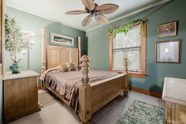 1521 Pontiac St, Denver, CO 80220 - bedroom with baseboards, ornamental molding, ceiling fan, and light carpet